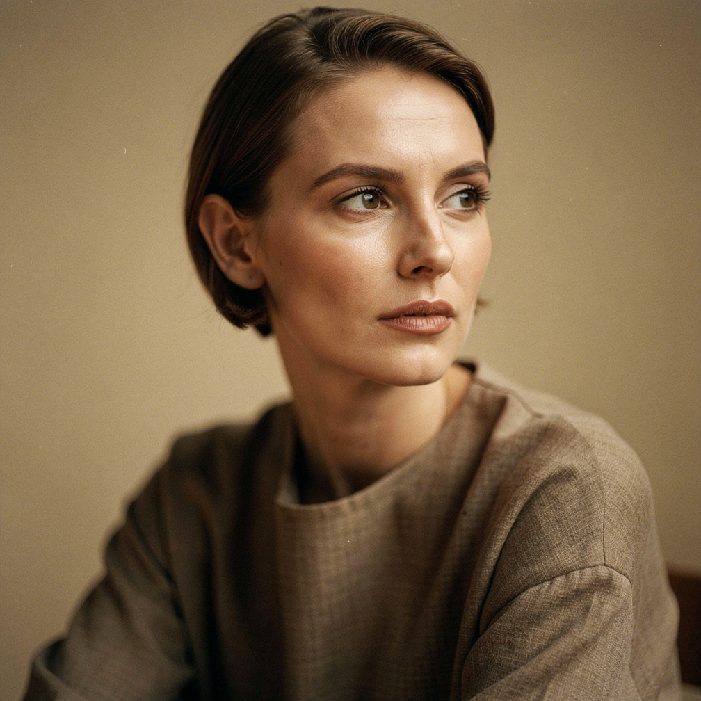 Thoughtful woman in moody studio portrait