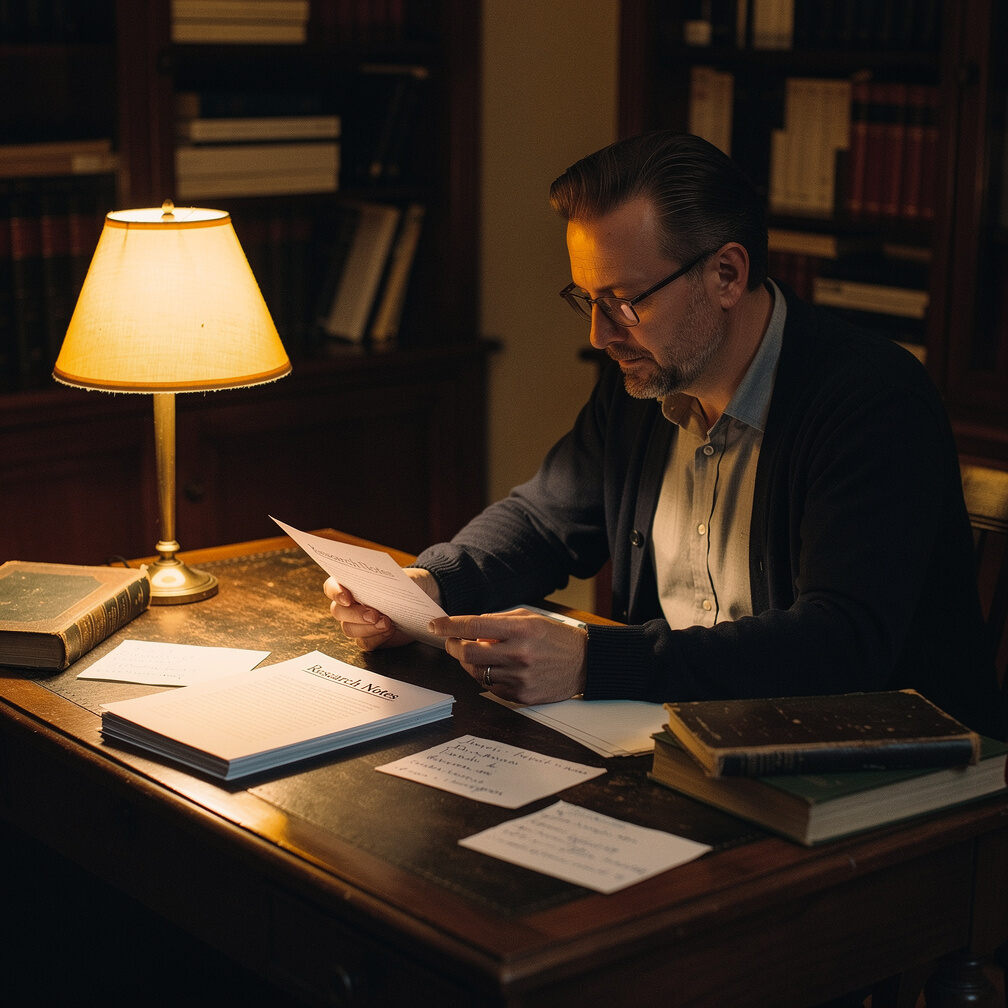 Researcher reading documents at desk